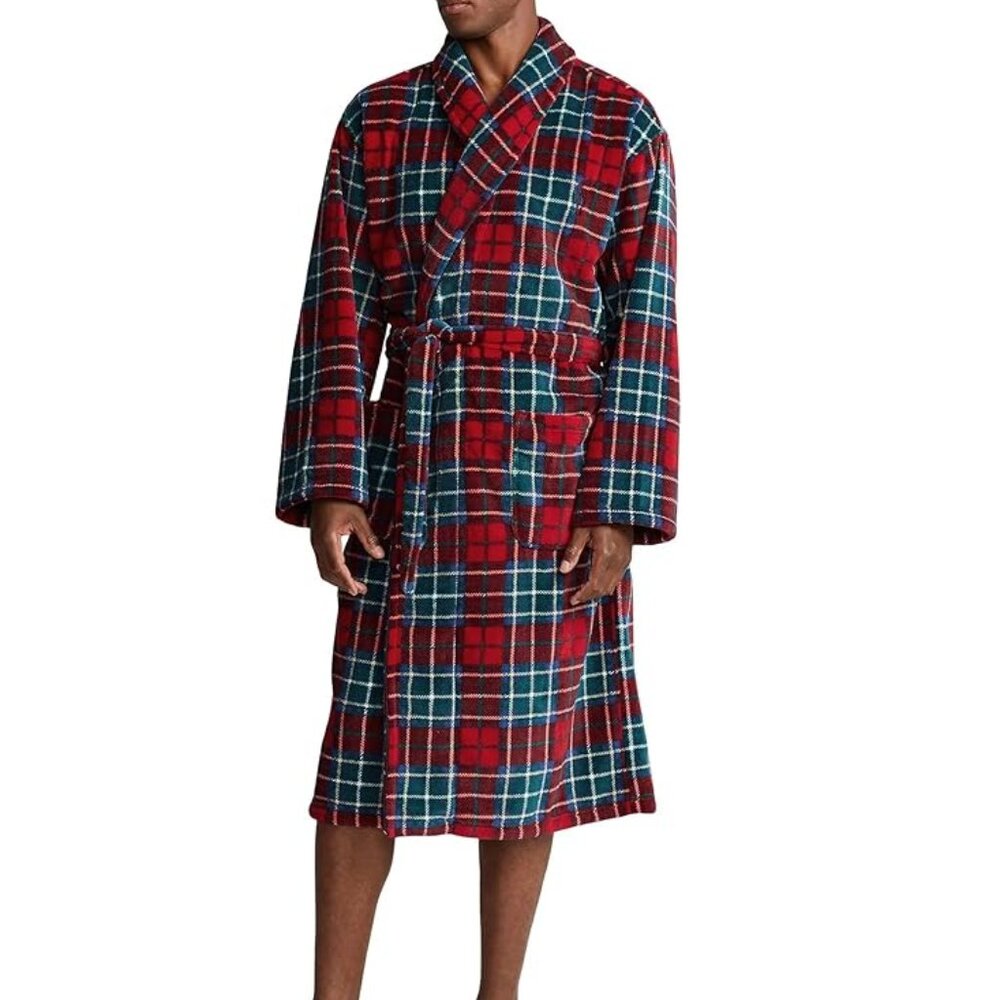 Copy POLO RALPH LAUREN Microfiber Plush Bath Robe Tie Waist Red Green Plaid L/XL